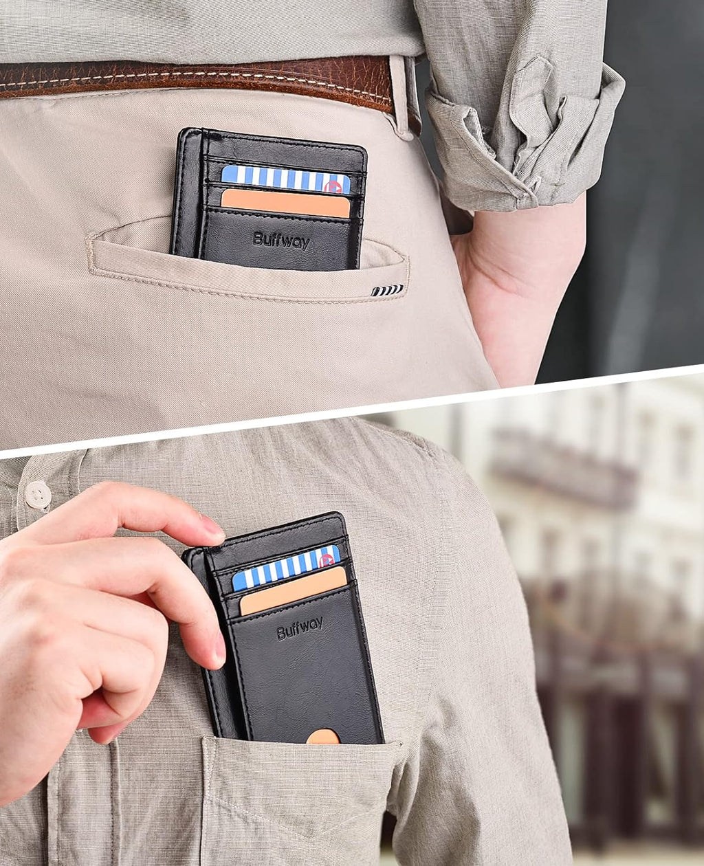 Slim Minimalist Front Pocket RFID Blocking Leather Wallets for Men and Women - Alaska Brown